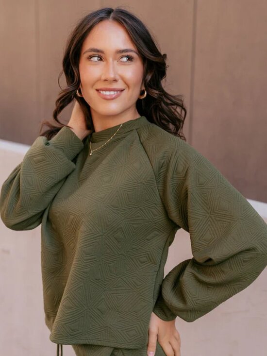 GEEGEE Aria Olive Green Geo Pattern Lounge Top & Bottom Set - Picture 2 of 9